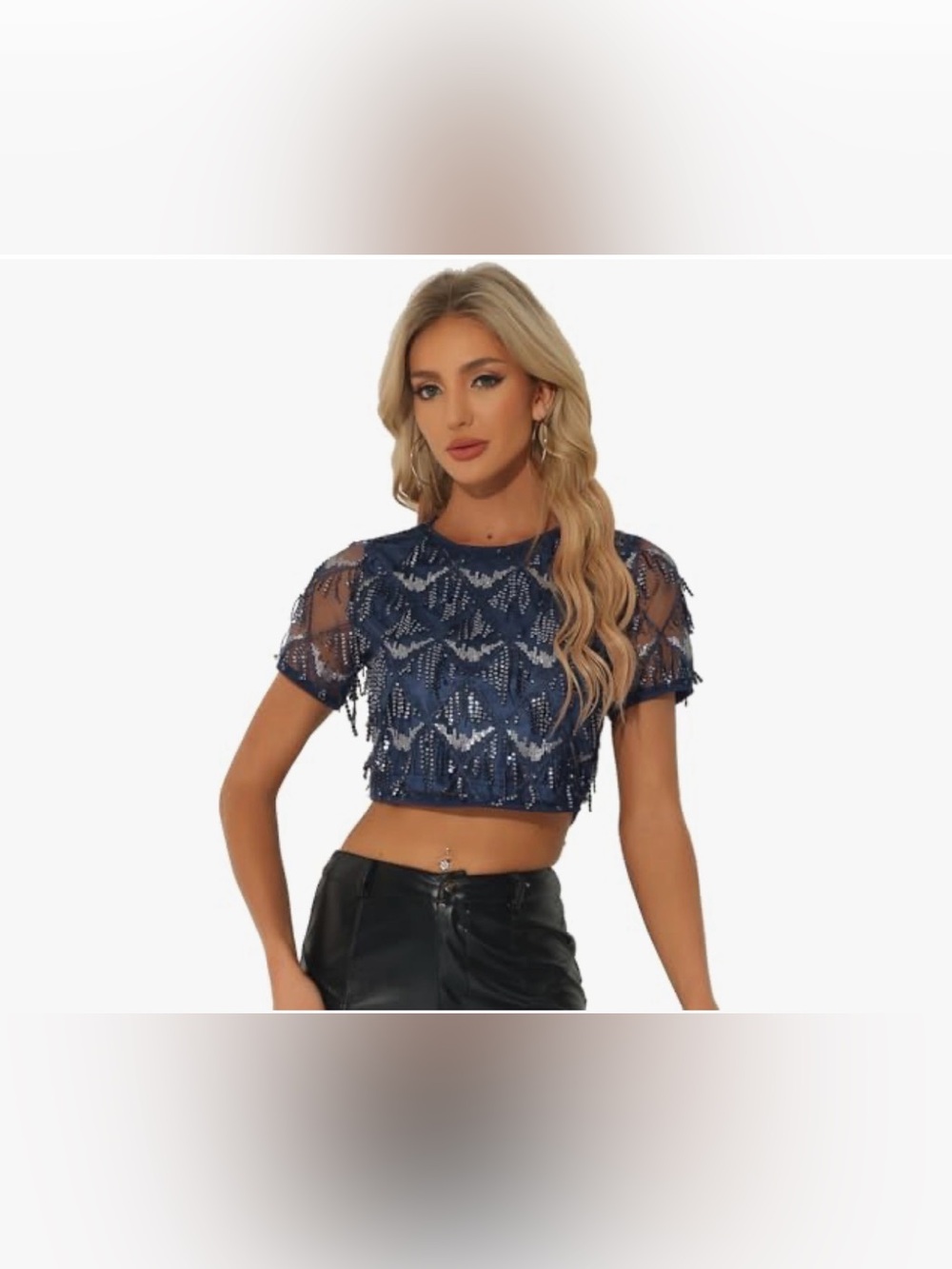 Navy Sequin Fringe Crop Top - Small